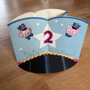Vintage Birthday Card Hat for 2nd Birthday 1940s Rust Craft Elephant Dog Cat